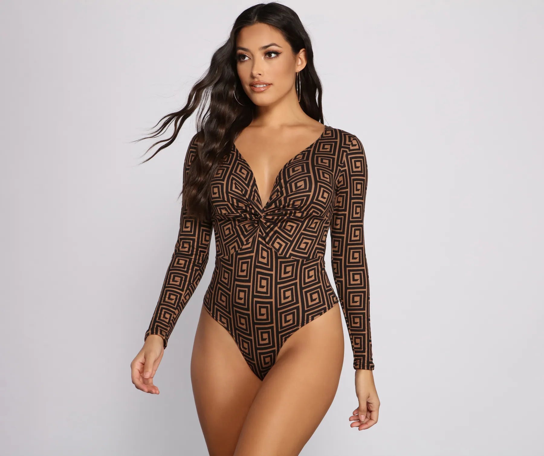 Greek Key Print Brushed Knit Bodysuit