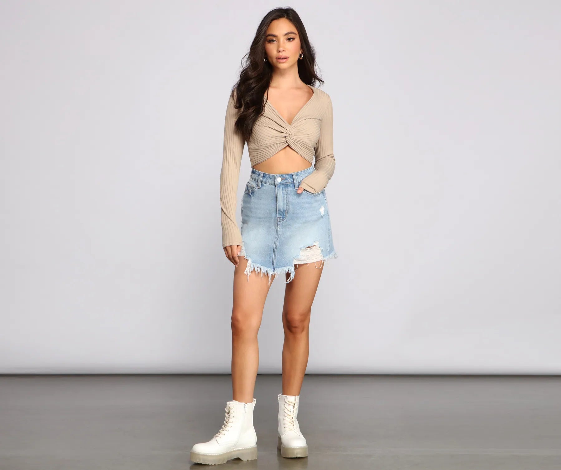 Ribbed Knit Twist Front Crop Top