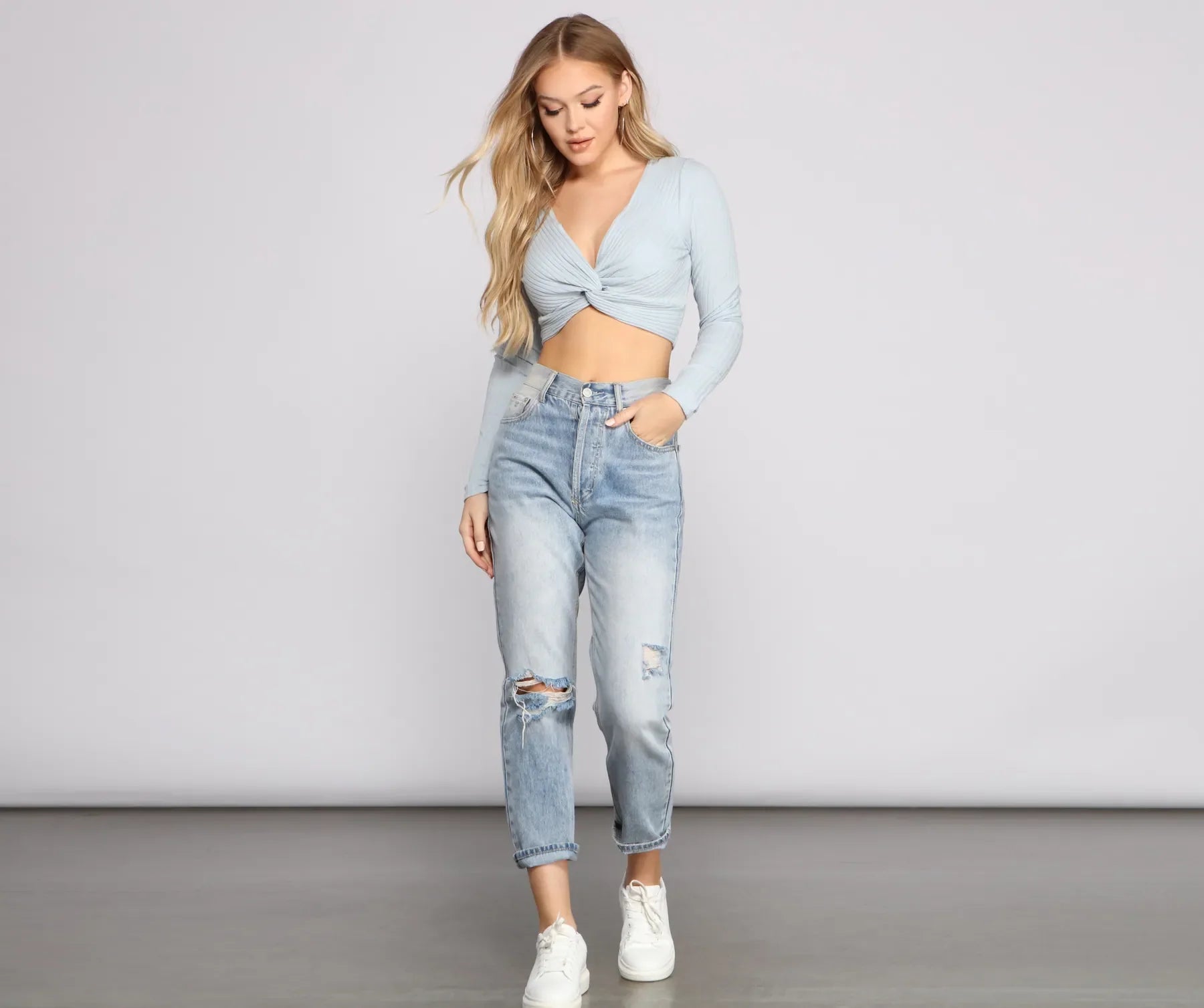 Ribbed Knit Twist Front Crop Top