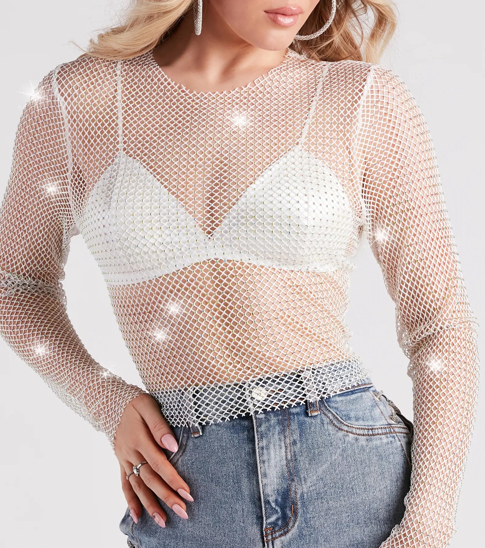 Glitzy Muse Rhinestone Fishnet Crop Top