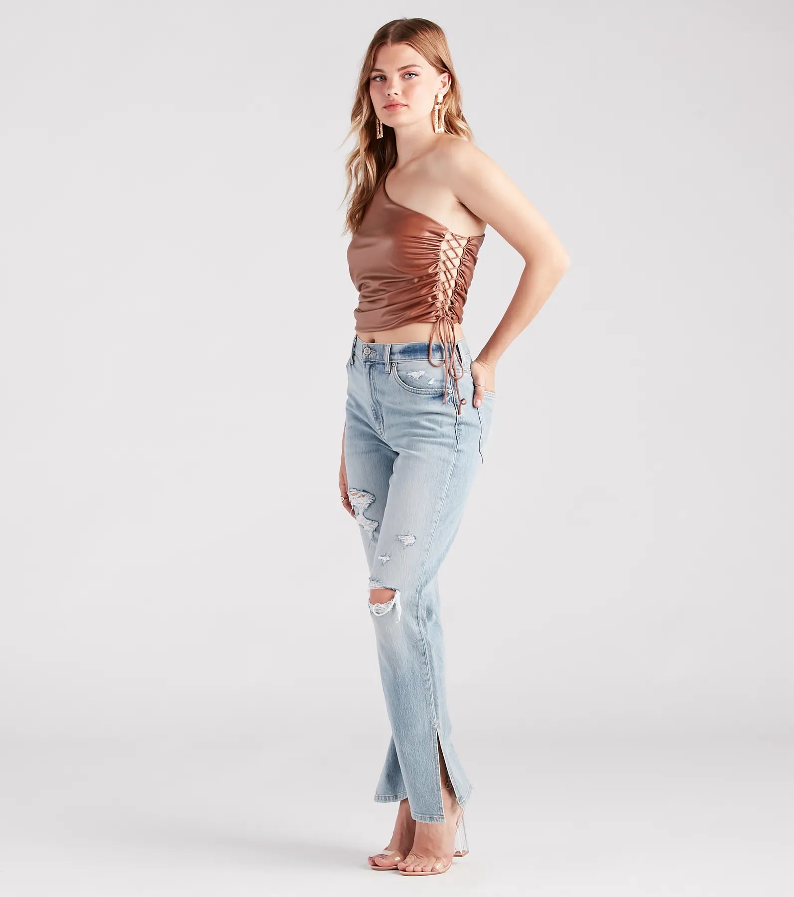 Get My Good Side Lace-Up Faux Leather Top