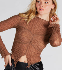 Near And Sheer Texture Mock Neck Crop Top