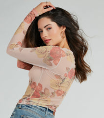 Elevate The Charm Long Sleeve Floral Mesh Crop Top