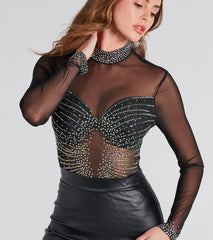 Rising Star Rhinestone Mock Neck Mesh Bodysuit