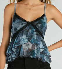 Alluring Bloom Abstract Floral Lace Trim Crop Top