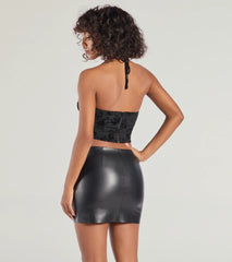 Chic Flirt Velvet Flocked Floral Halter Bustier Top