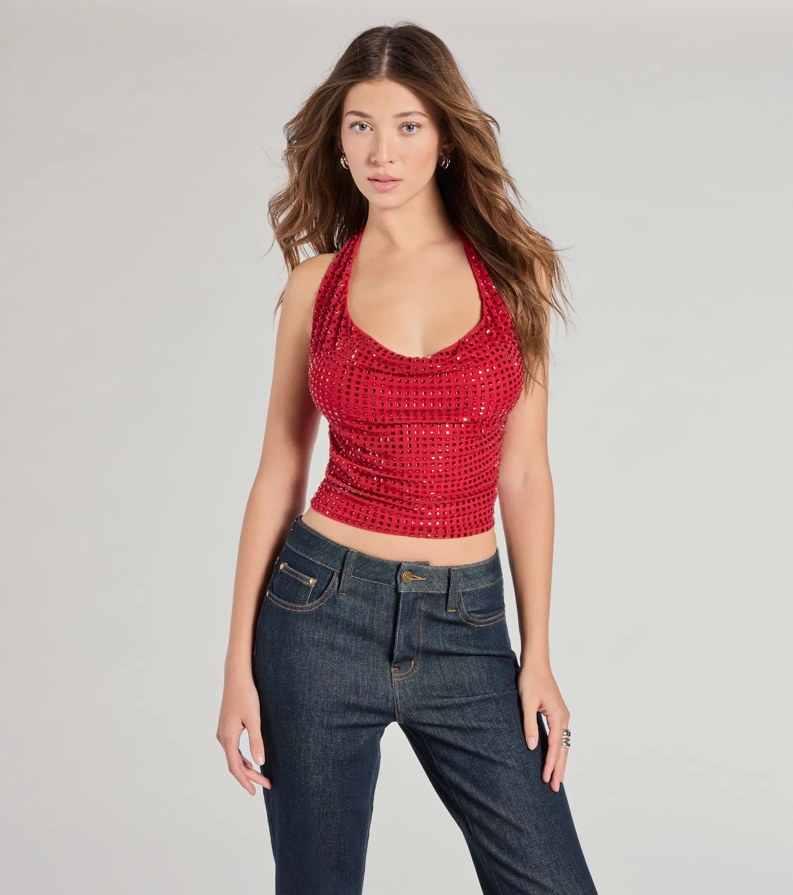 Glitzy Chic Cropped Rhinestone Halter Top