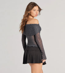 2000s Classic Off-The-Shoulder Texture Crop Top