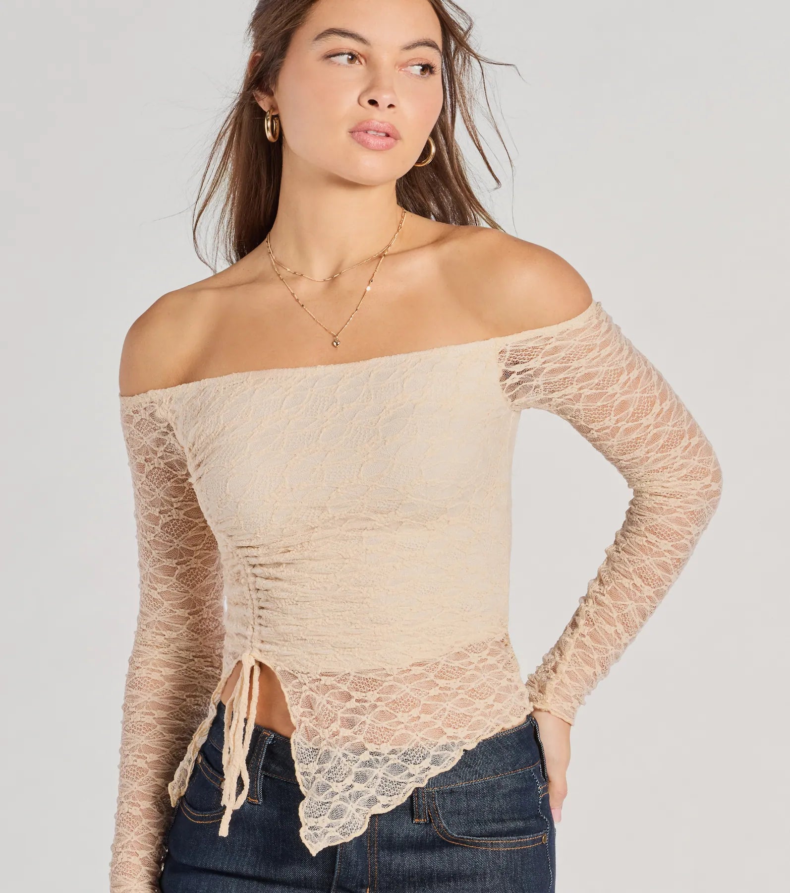 Trendy Babe Off-The-Shoulder Ruched Lace Top