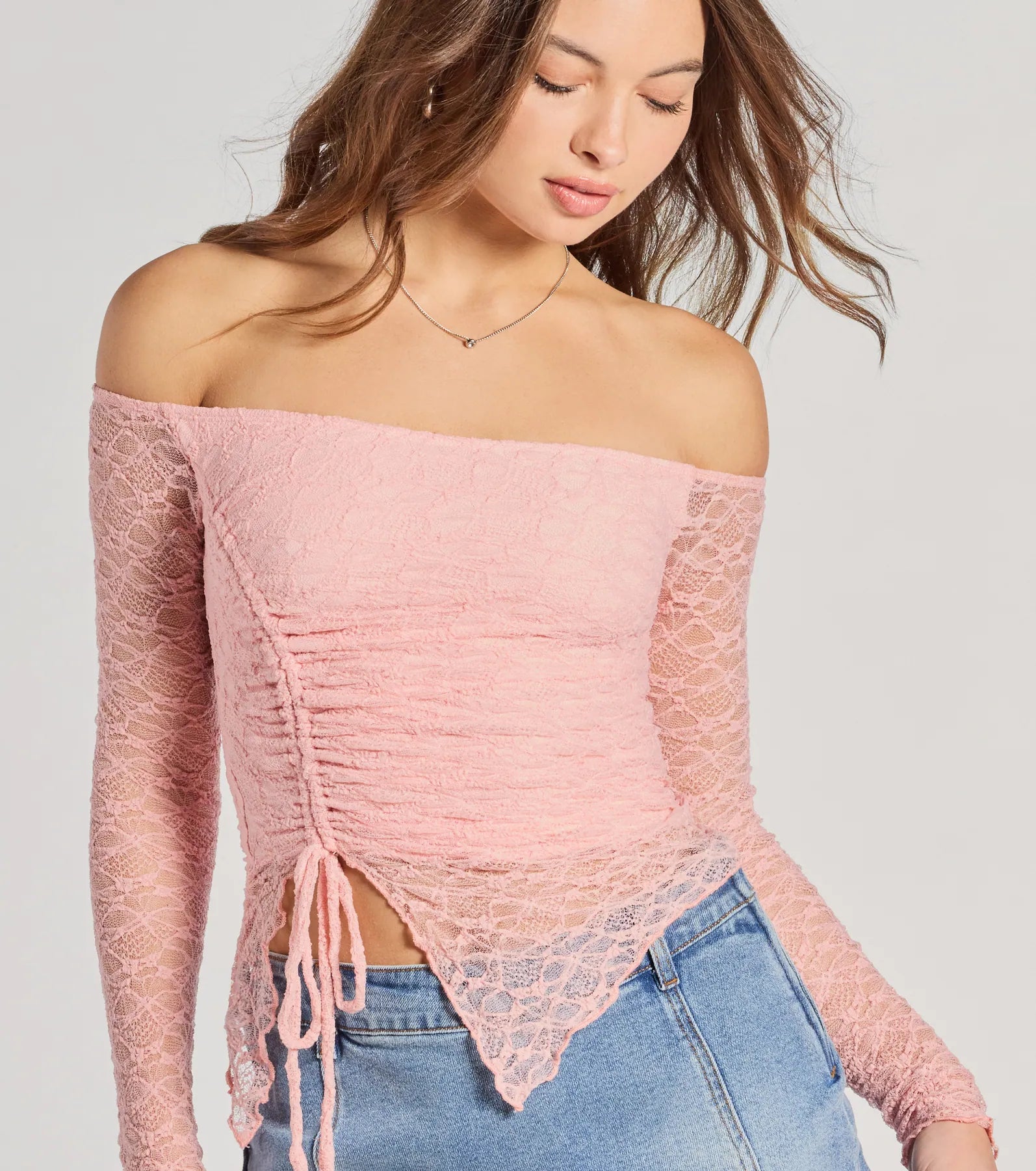 Trendy Babe Off-The-Shoulder Ruched Lace Top