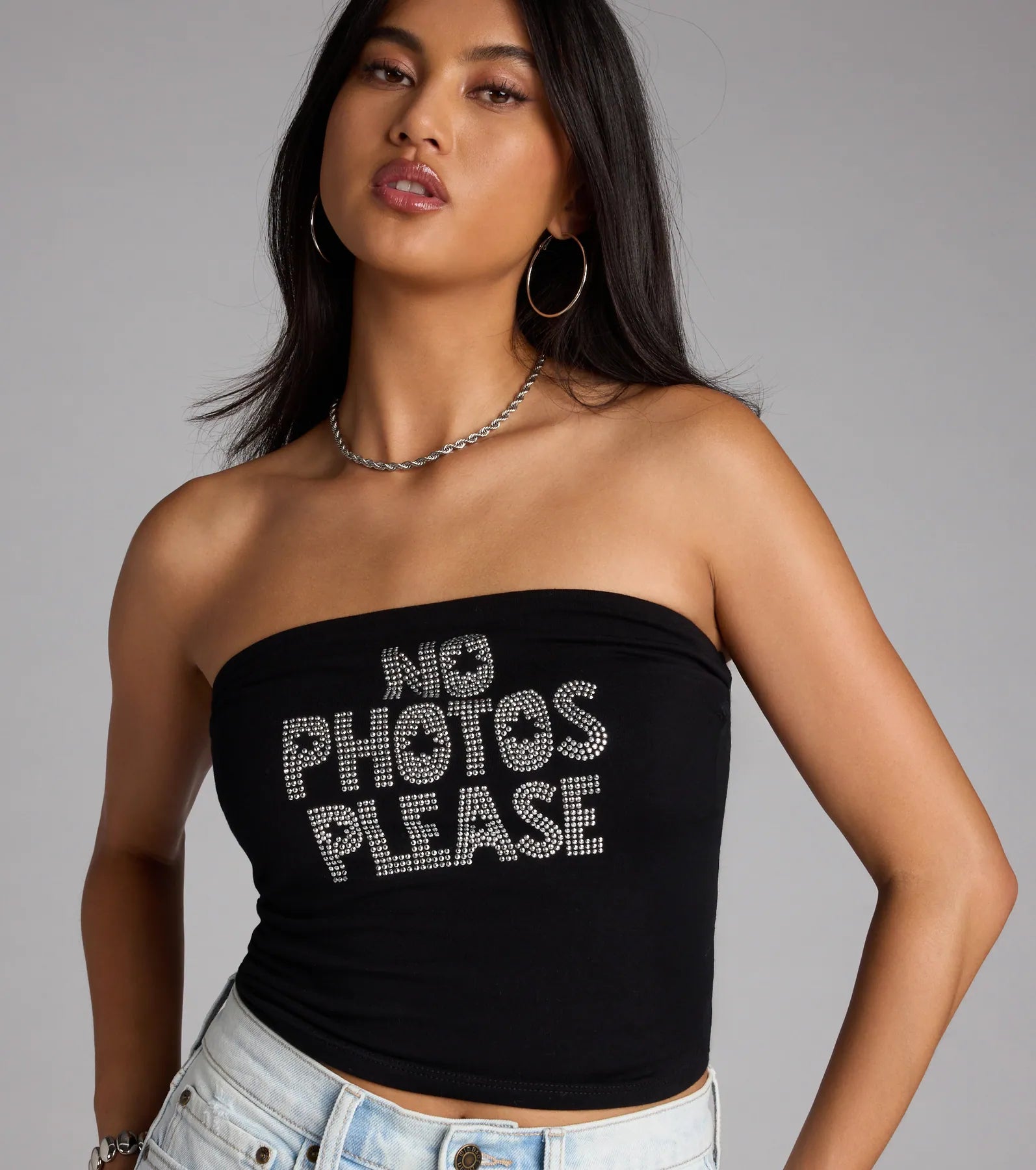 Rhinestone No Photos Please Tube Top
