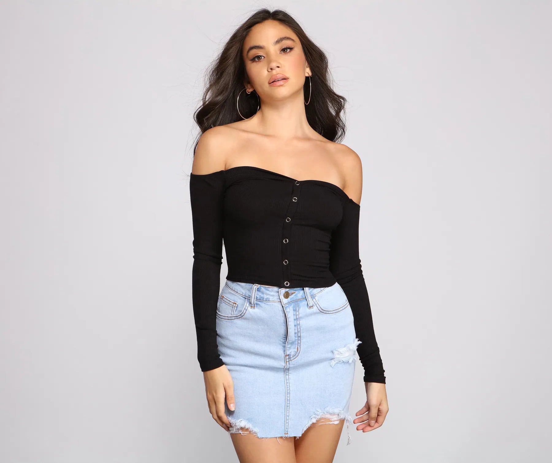Off The Shoulder Ribbed Henley Top