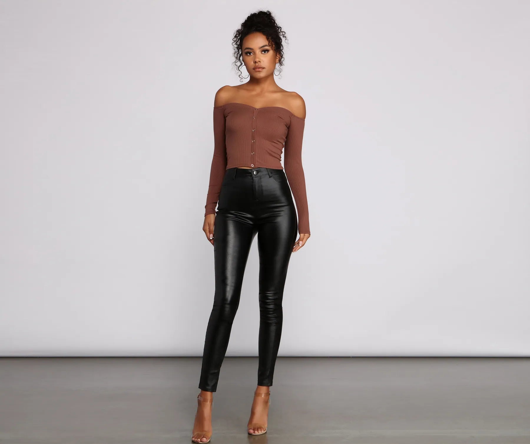 Off The Shoulder Ribbed Henley Top