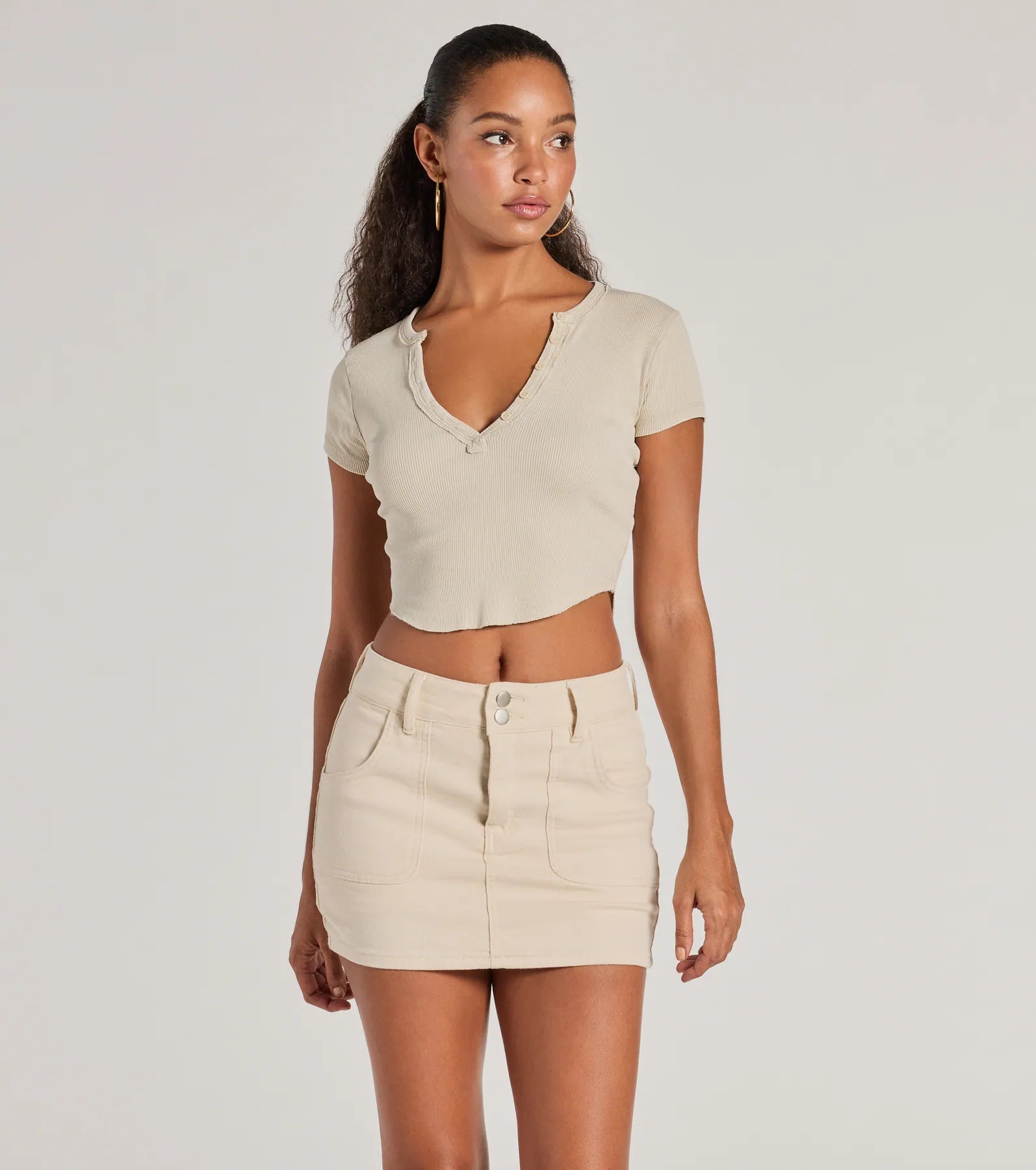 Girl Next Door Ribbed Knit Henley Crop Top