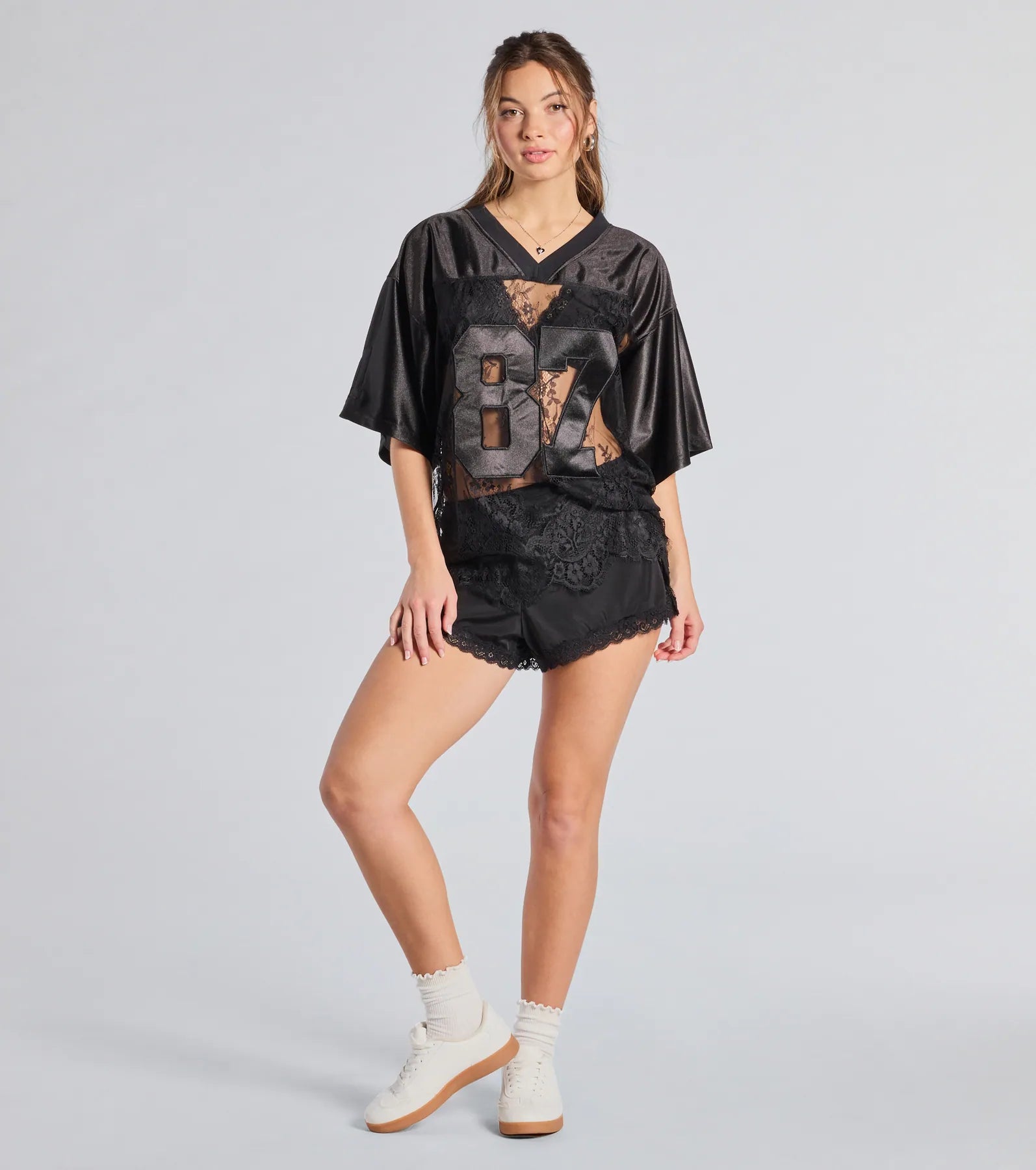 Sporty Chic Lace V-Neck 87 Graphic Jersey Top
