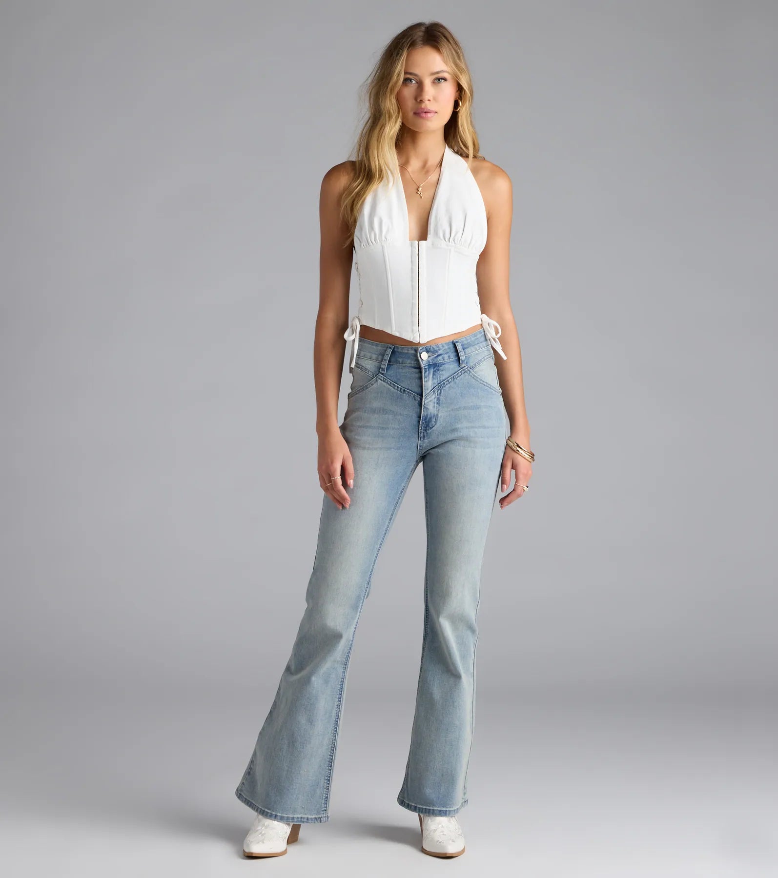 The New Classic Halter Lace-Up Denim Corset Top