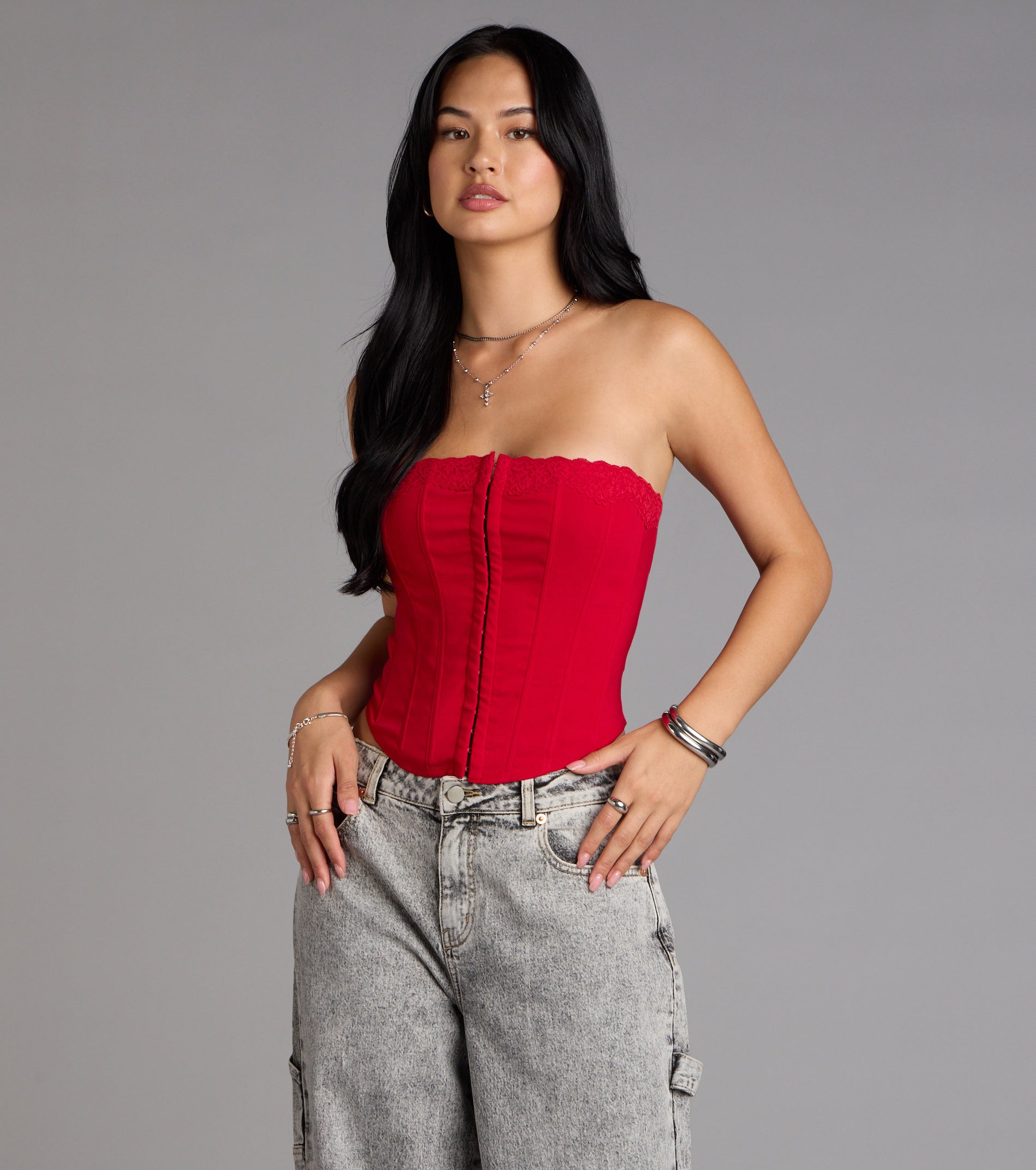 Chic And Snatched Strapless Lace Trim Corset Top