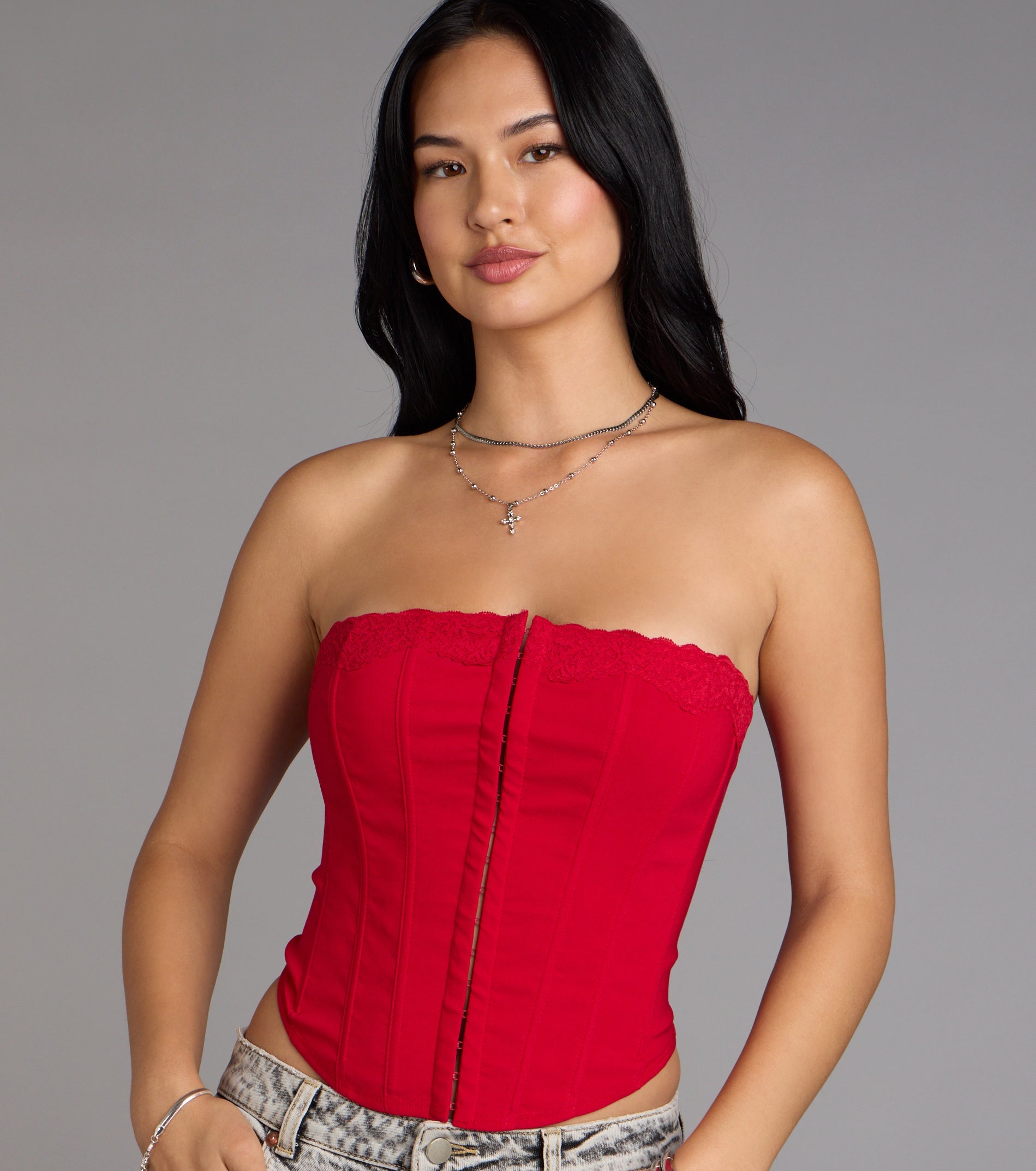 Chic And Snatched Strapless Lace Trim Corset Top