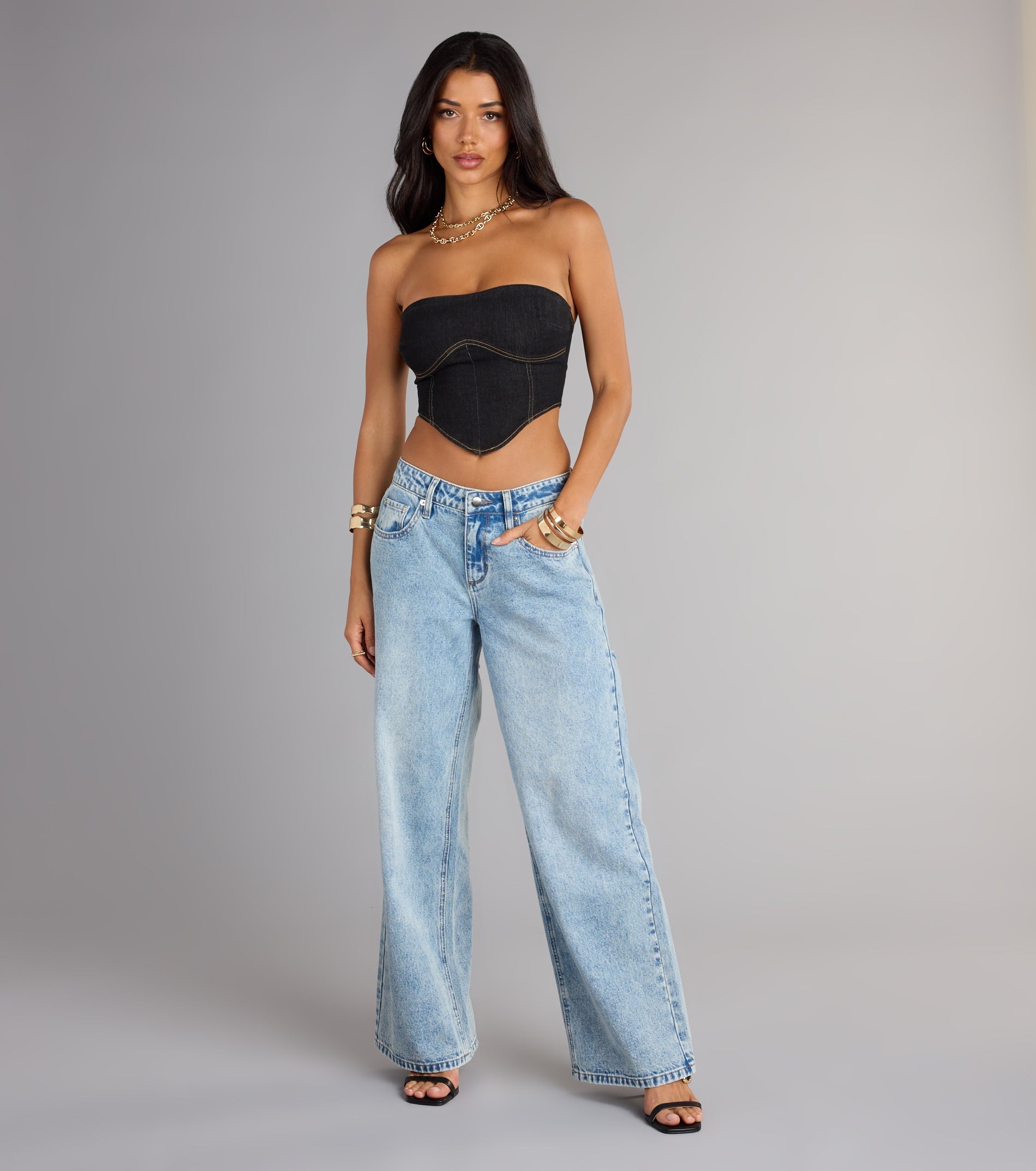 Trendy Girl Denim Strapless Corset Crop Top