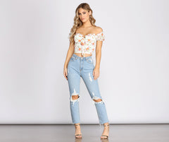 Flower Move Tie Front Off Shoulder Crop Top