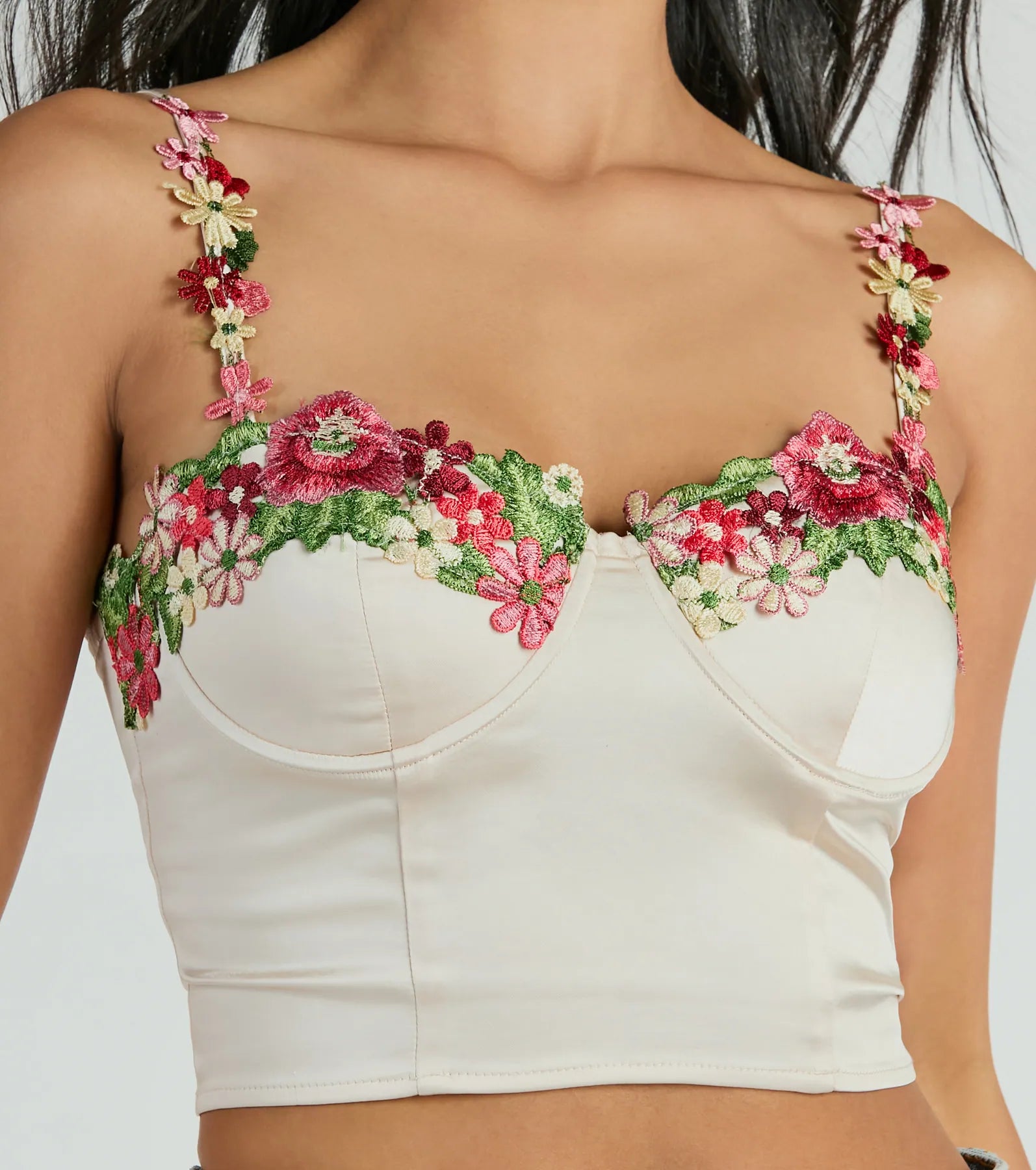 Flourish In Style Floral Applique Satin Crop Top