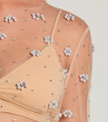 Flirty Floral Rhinestone Pearl Sheer Mesh Crop Top