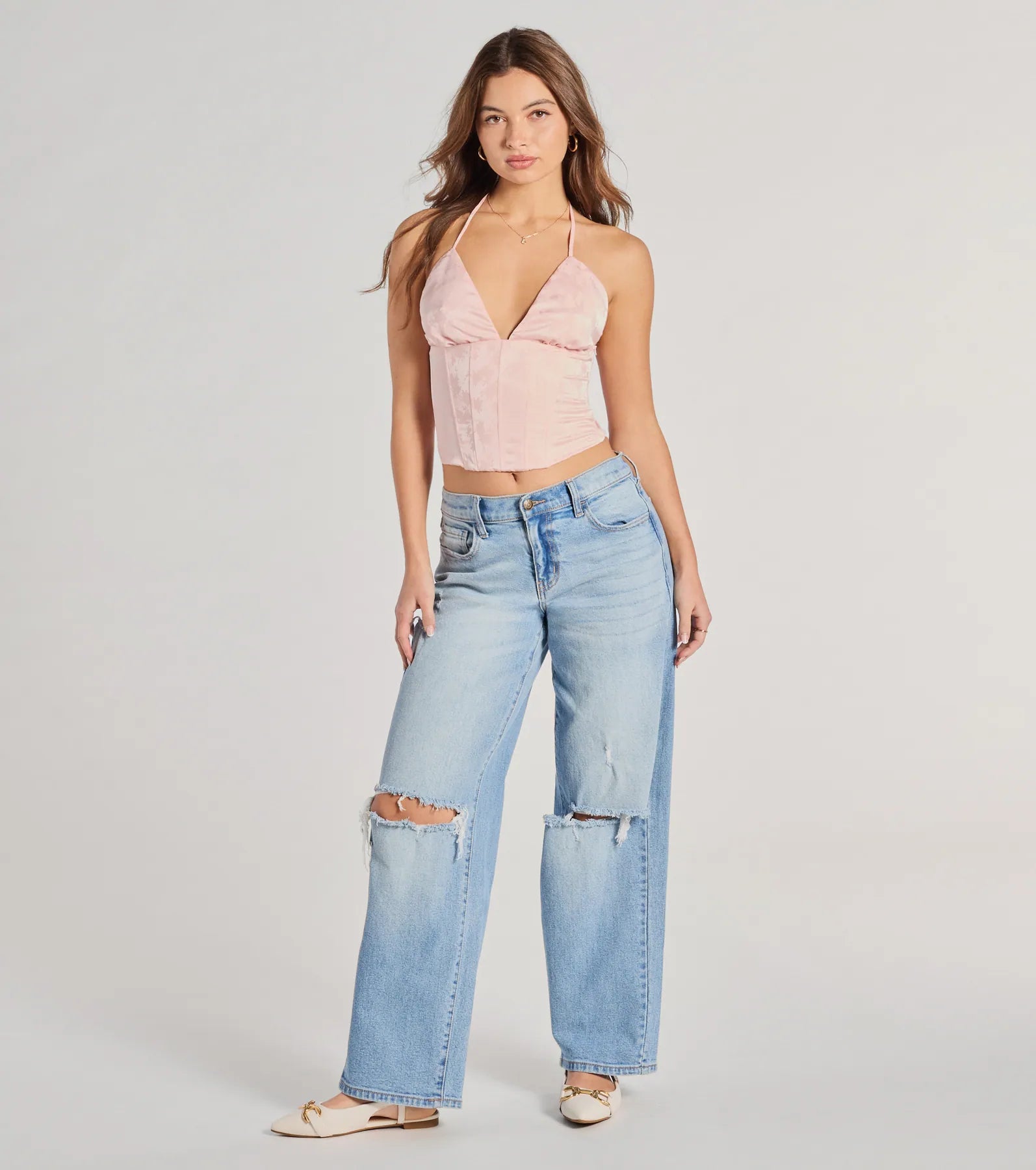 All The Feels Halter Lace-Up Floral Satin Corset Top