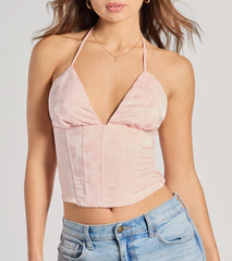 All The Feels Halter Lace-Up Floral Satin Corset Top