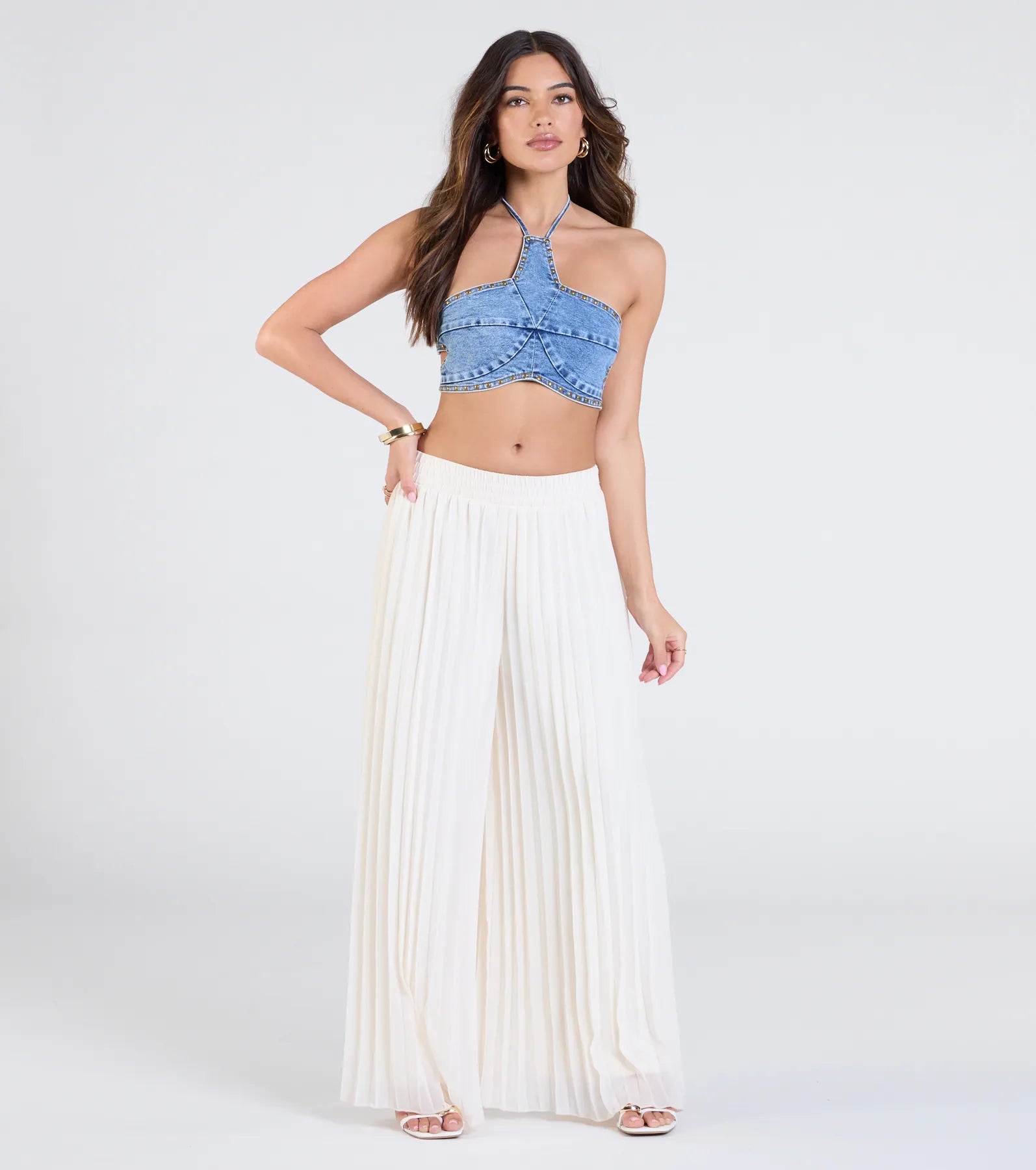 Western Star Halter Studded Denim Crop Top