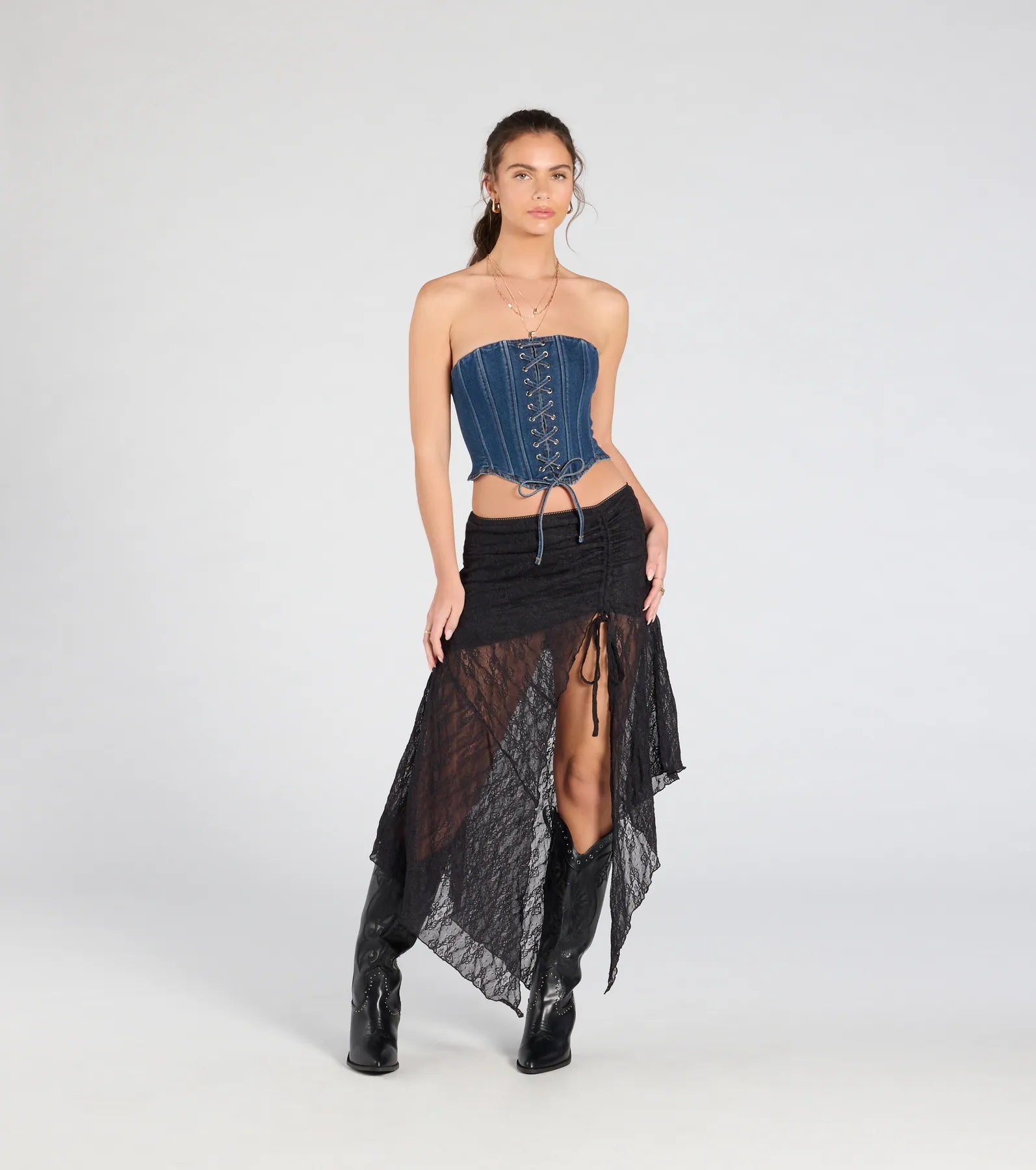 Trendy Style Lace-Up Denim Corset Top