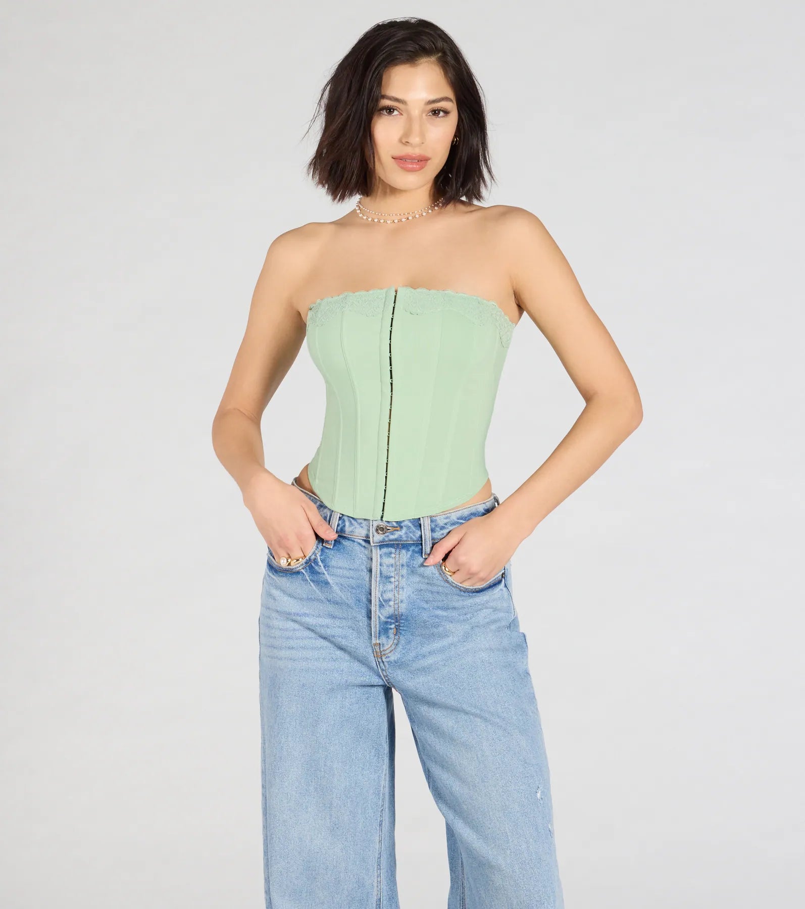 Chic And Snatched Strapless Lace Trim Corset Top