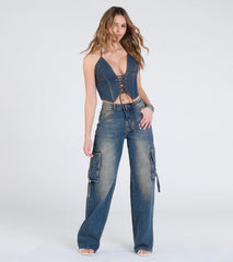 Denim Cutie Halter Lace-Up Crop Top