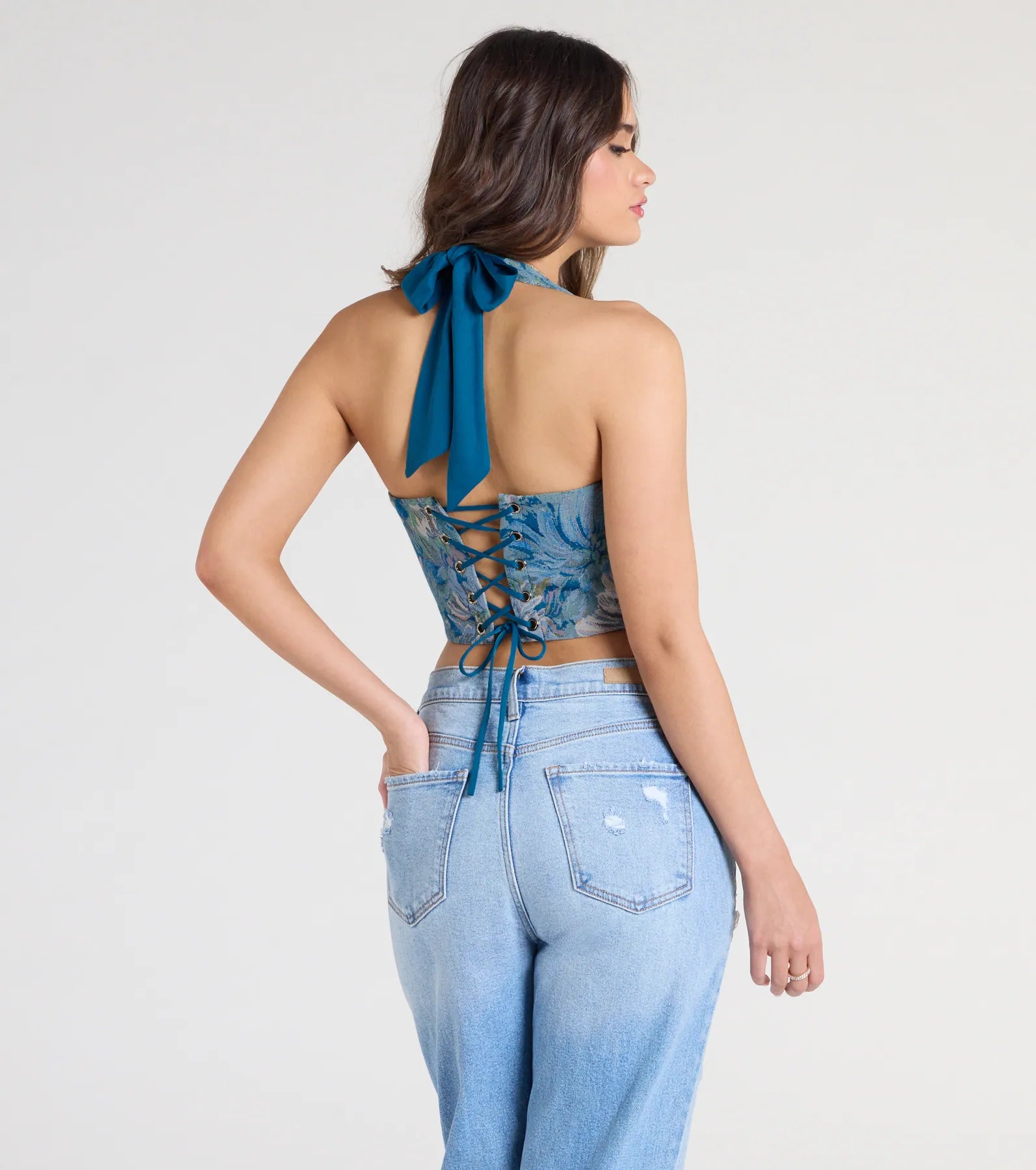 Day By Day Halter Lace-Up Tapestry Corset Top