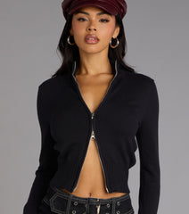 Layer Check Mock Neck Zip-Up Sweater