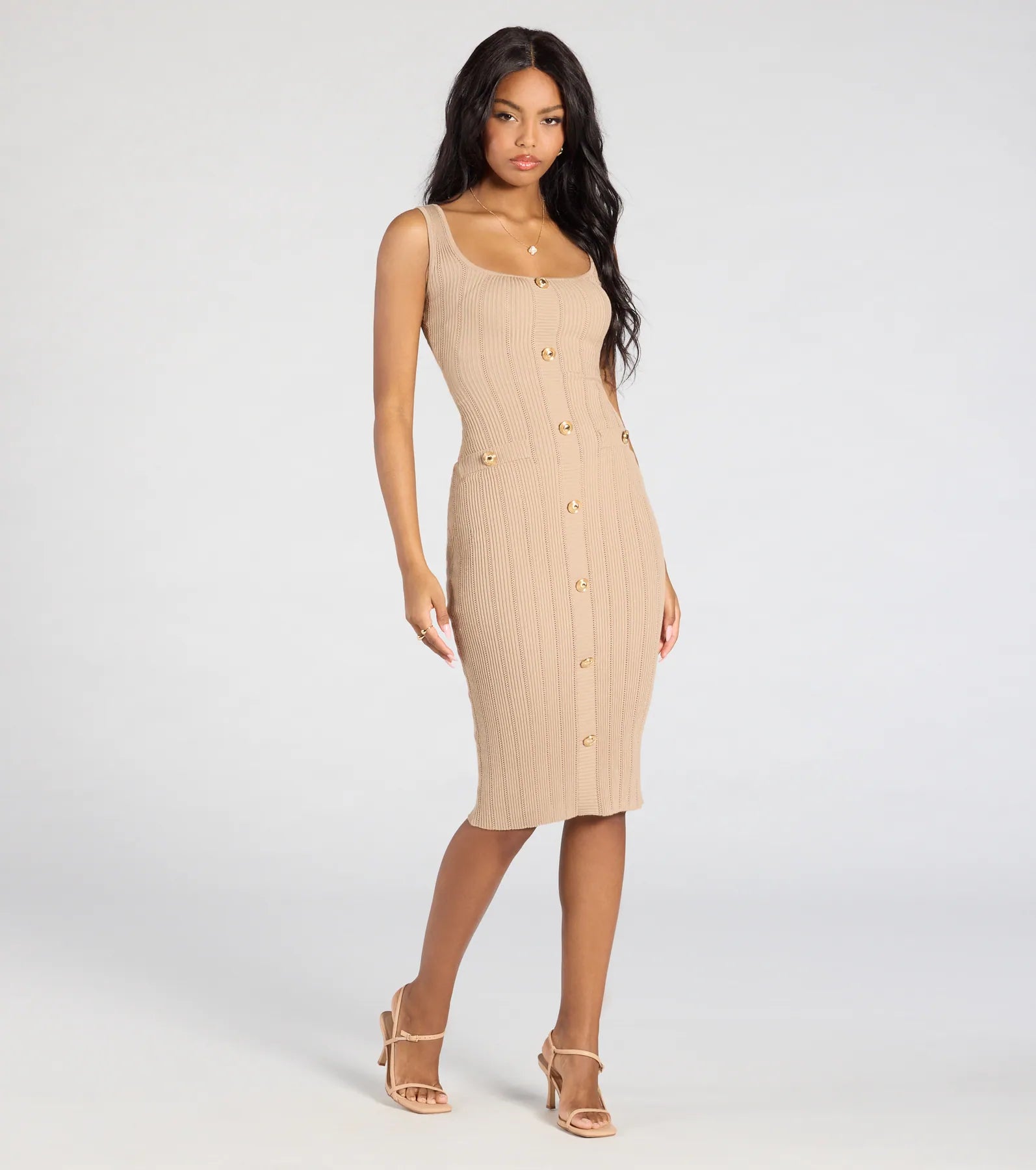 Sweetest Poise Button Bodycon Midi Dress