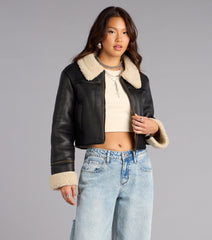 Downtown Girl Faux Leather Sherpa Crop Jacket