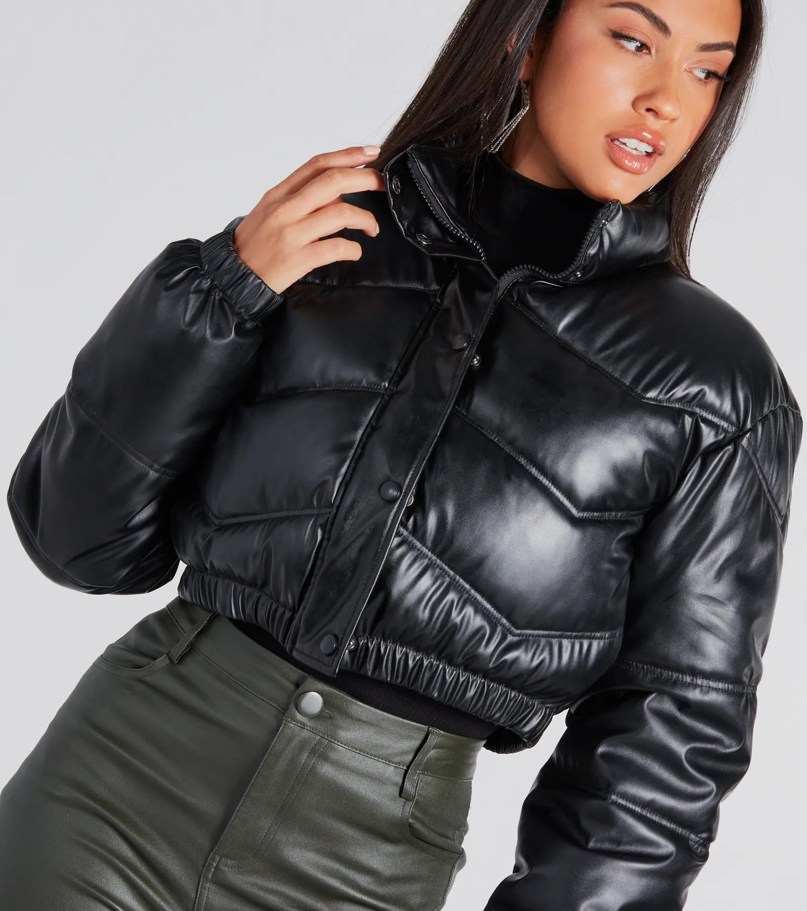 Slick Style Faux Leather Cropped Puffer Jacket