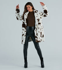 Stylishly Spotted Cow Print Faux Fur Coat