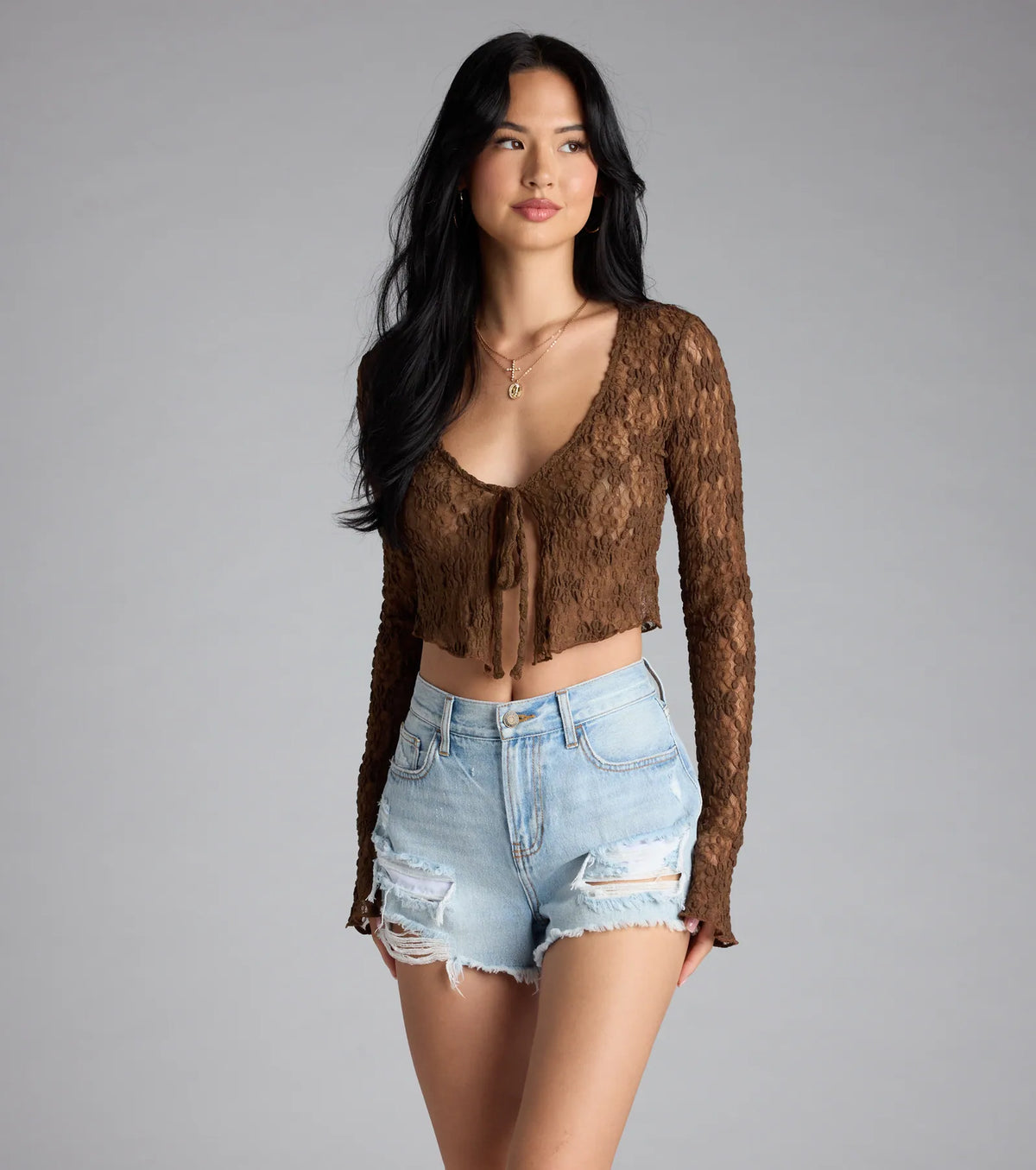 Breezy Sheer Lace Tie-Front Top