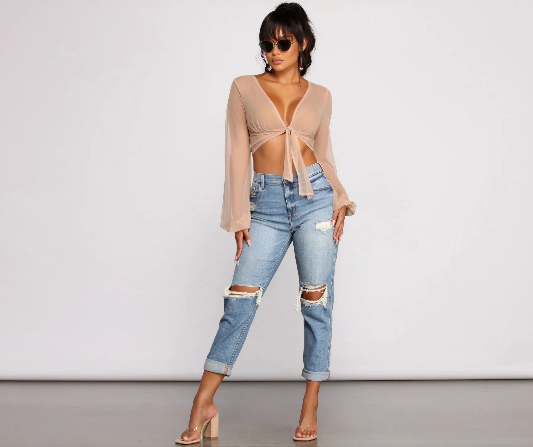 She's A Stunner Mesh Tie Front Top