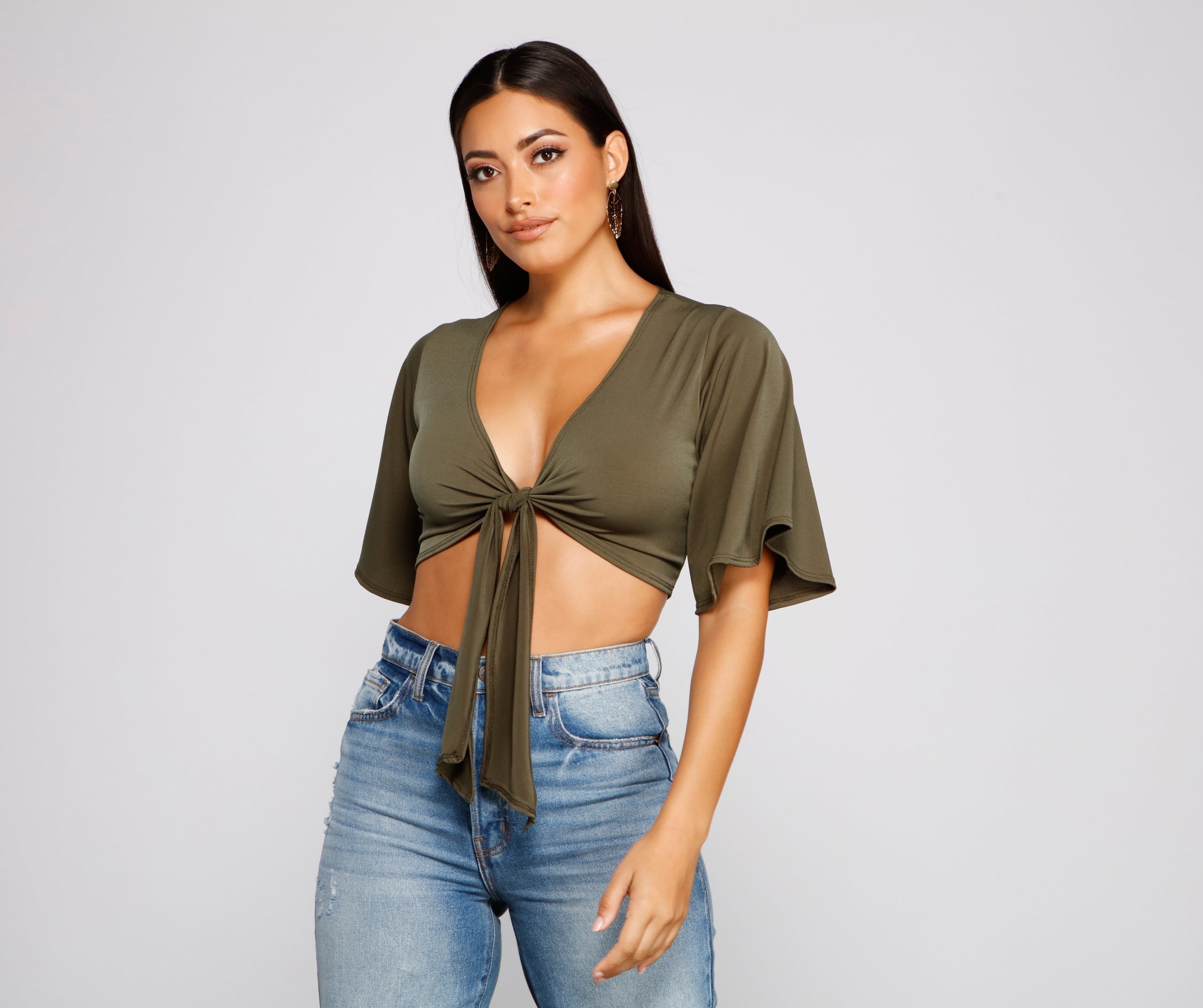 Kimono Sleeve Tie Front Top