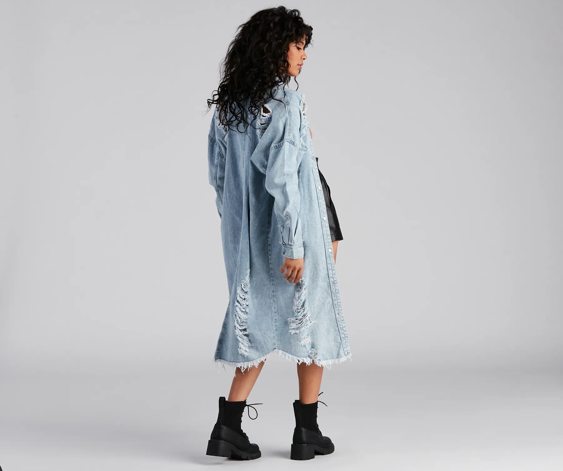 Destroyed Denim Long Line Jacket