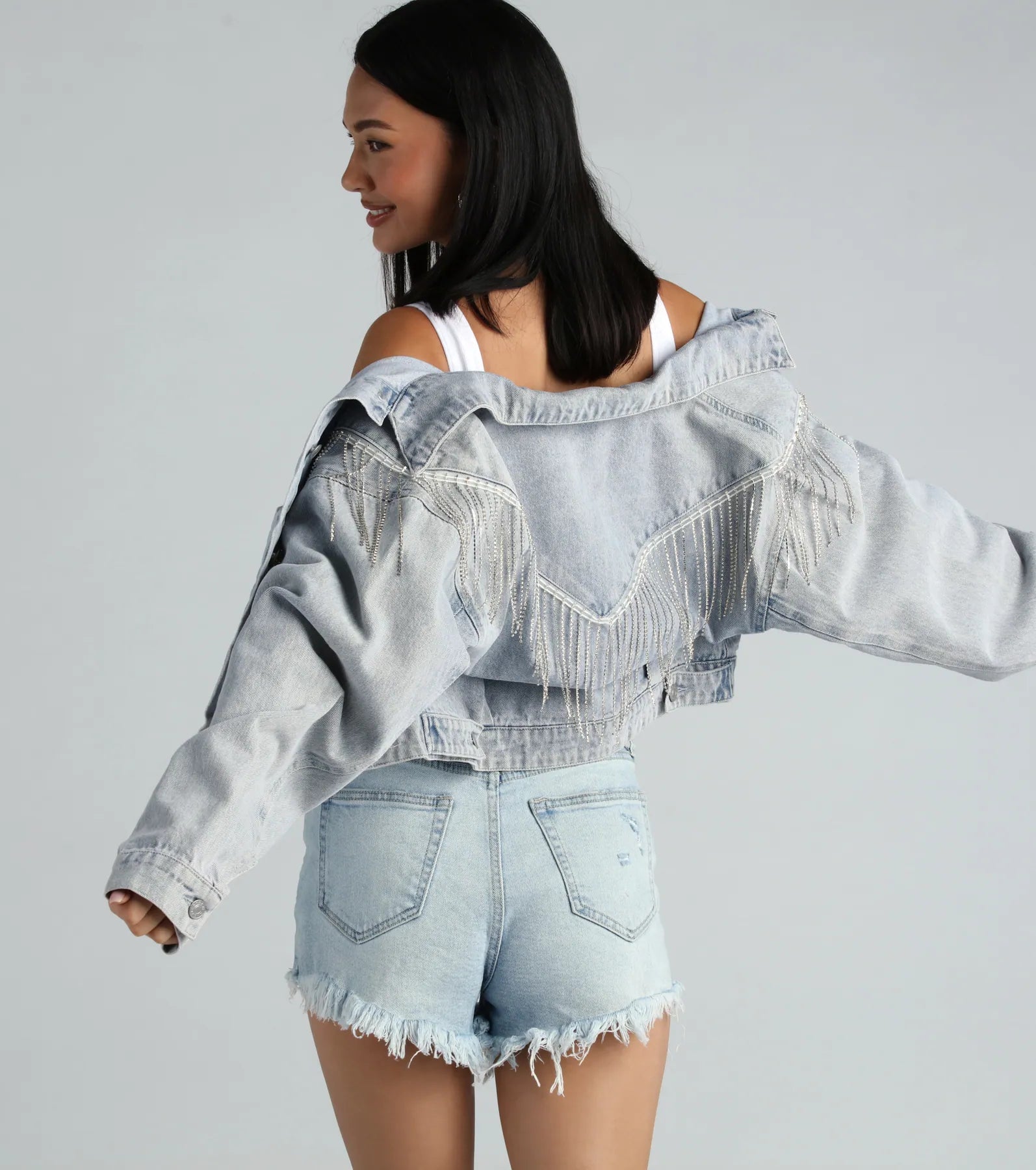 Rocker-Chic Rhinestone Fringe Denim Jacket