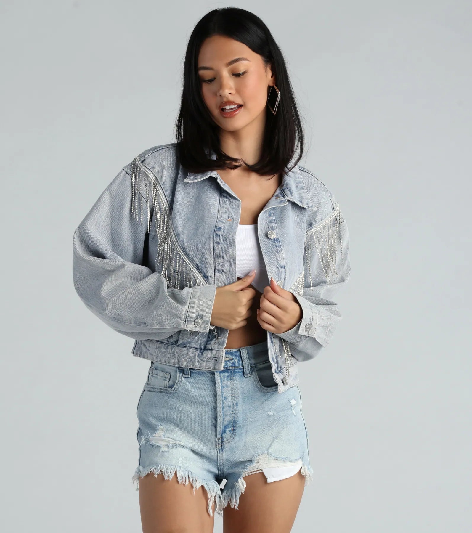 Rocker-Chic Rhinestone Fringe Denim Jacket