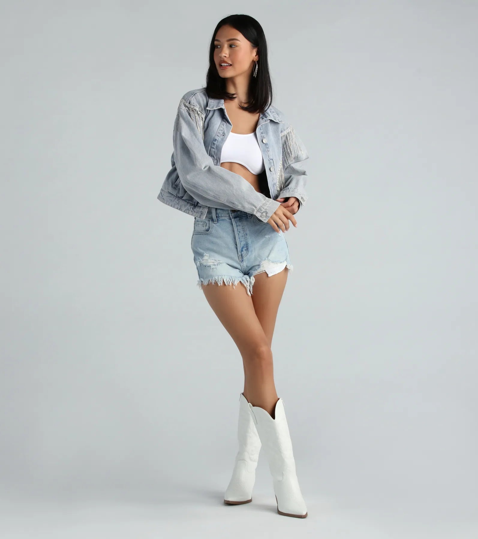 Rocker-Chic Rhinestone Fringe Denim Jacket