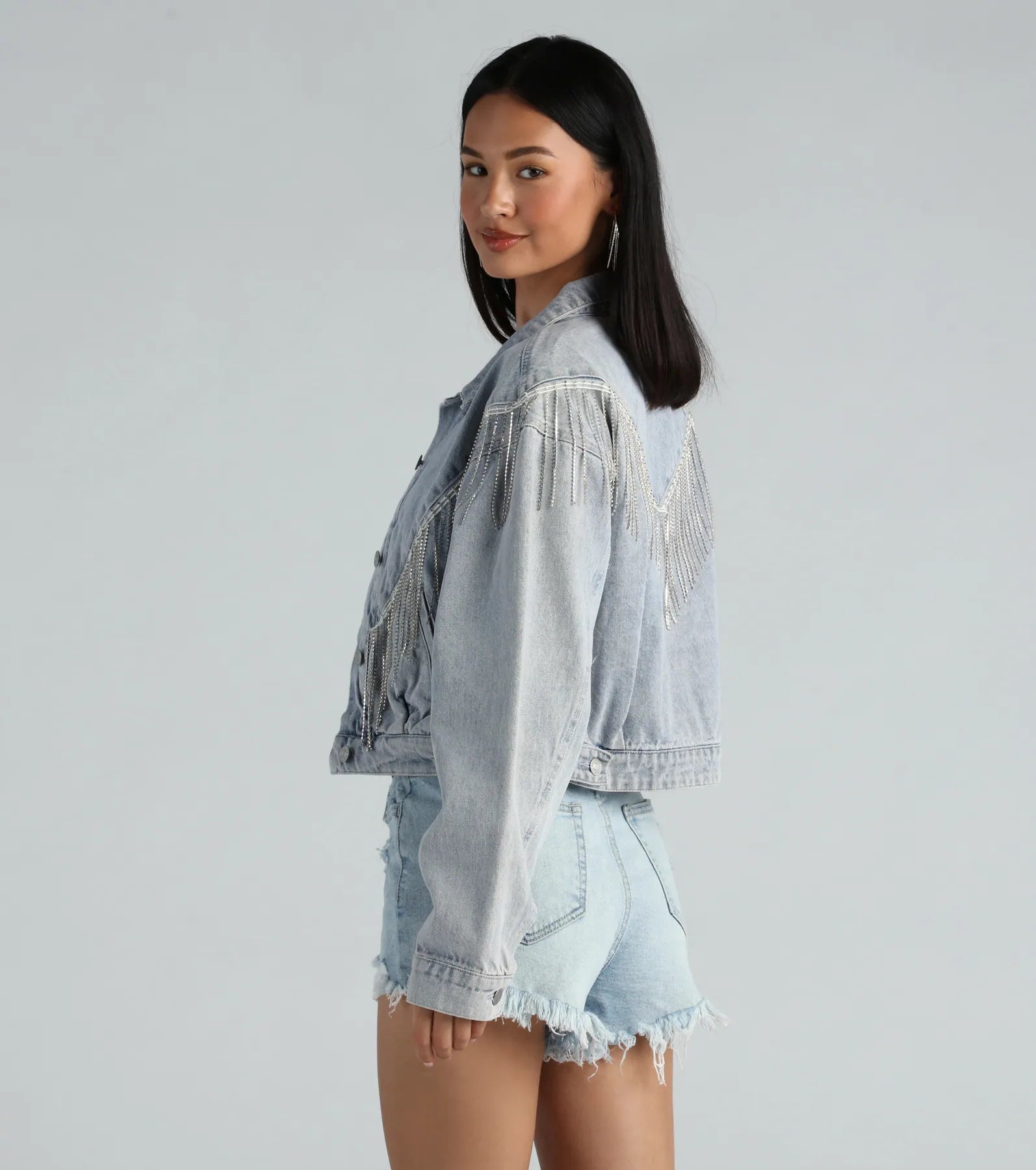 Rocker-Chic Rhinestone Fringe Denim Jacket