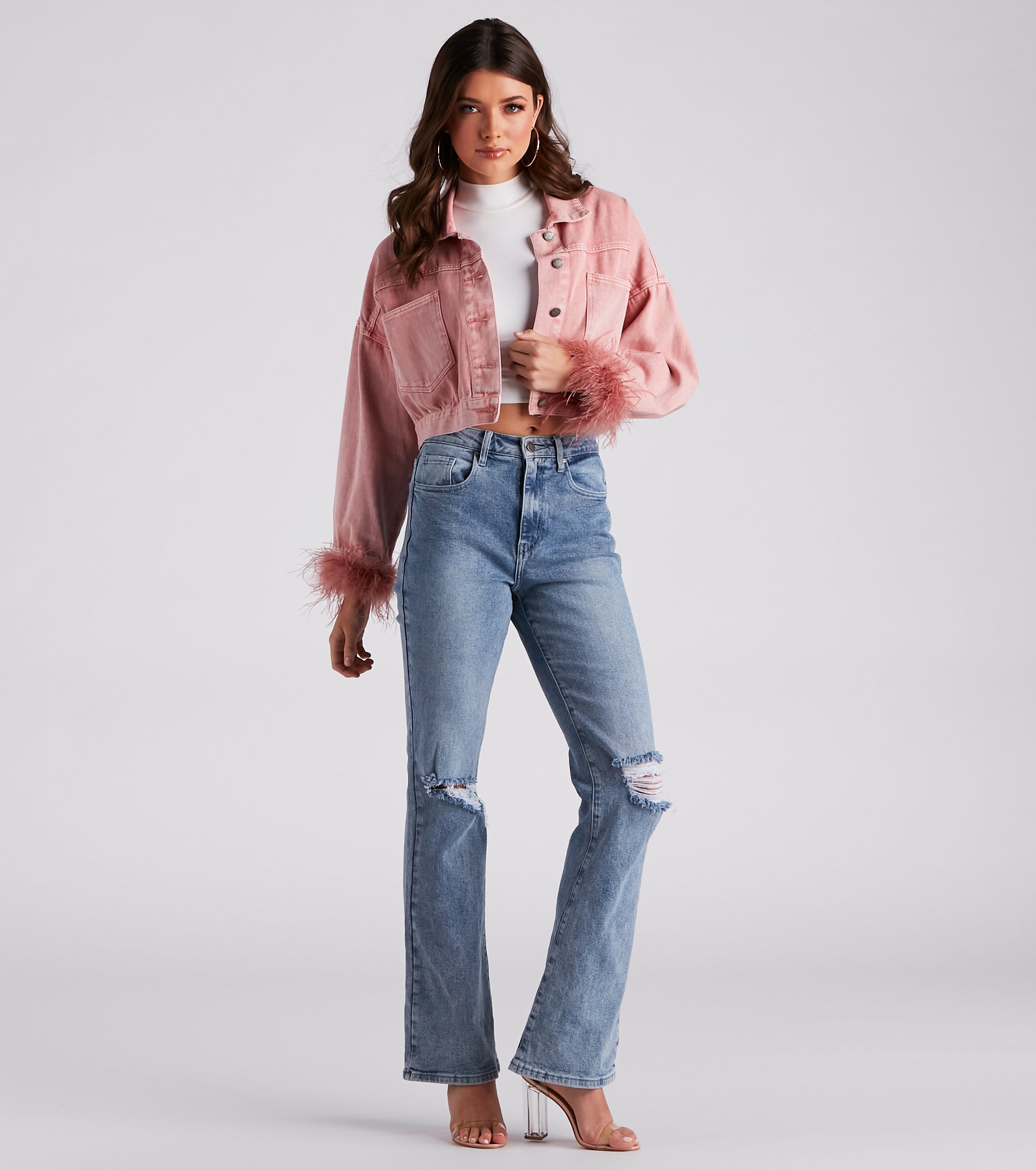 Luxe Touch Marabou Denim Crop Jacket