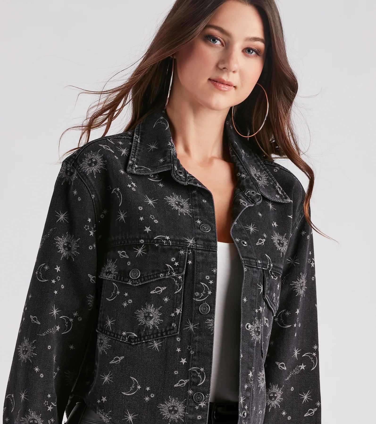 Dreamy Trendsetter Celestial Print Denim Shacket