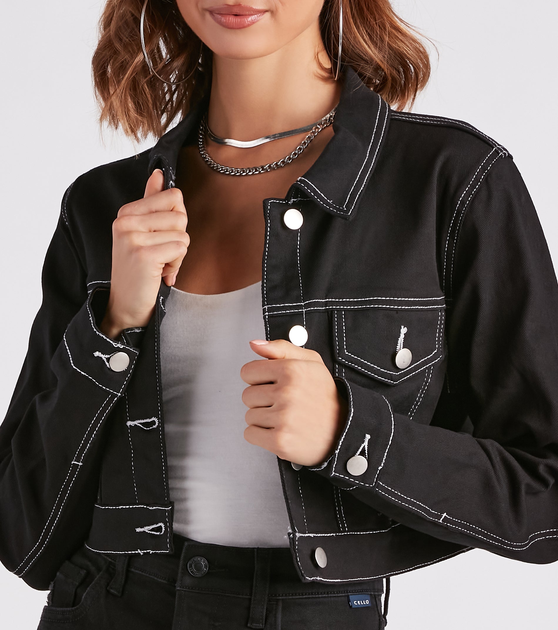 Make Way Contrast Stitch Crop Denim Jacket