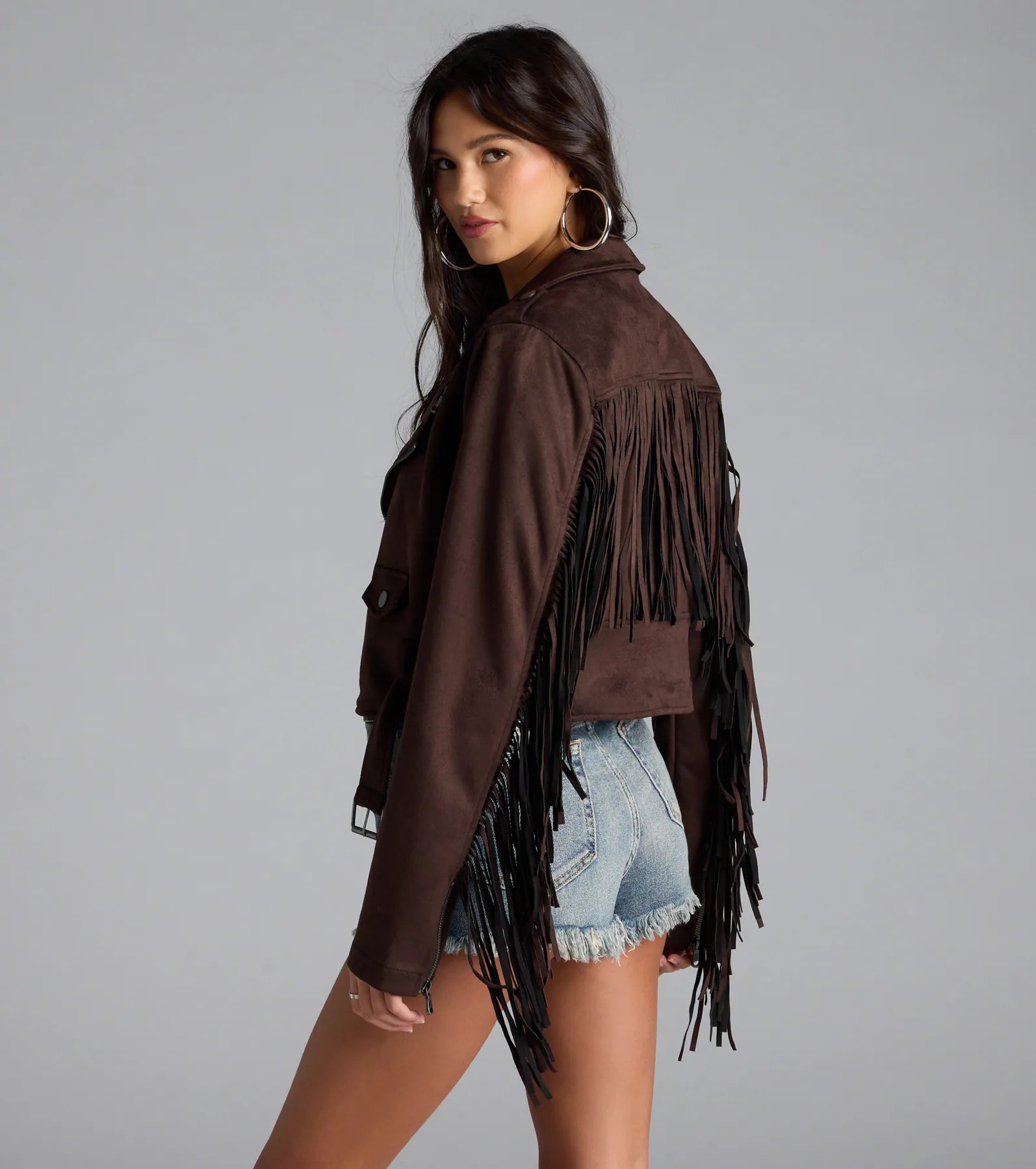 Stylish Out West Faux Suede Fringe Moto Jacket